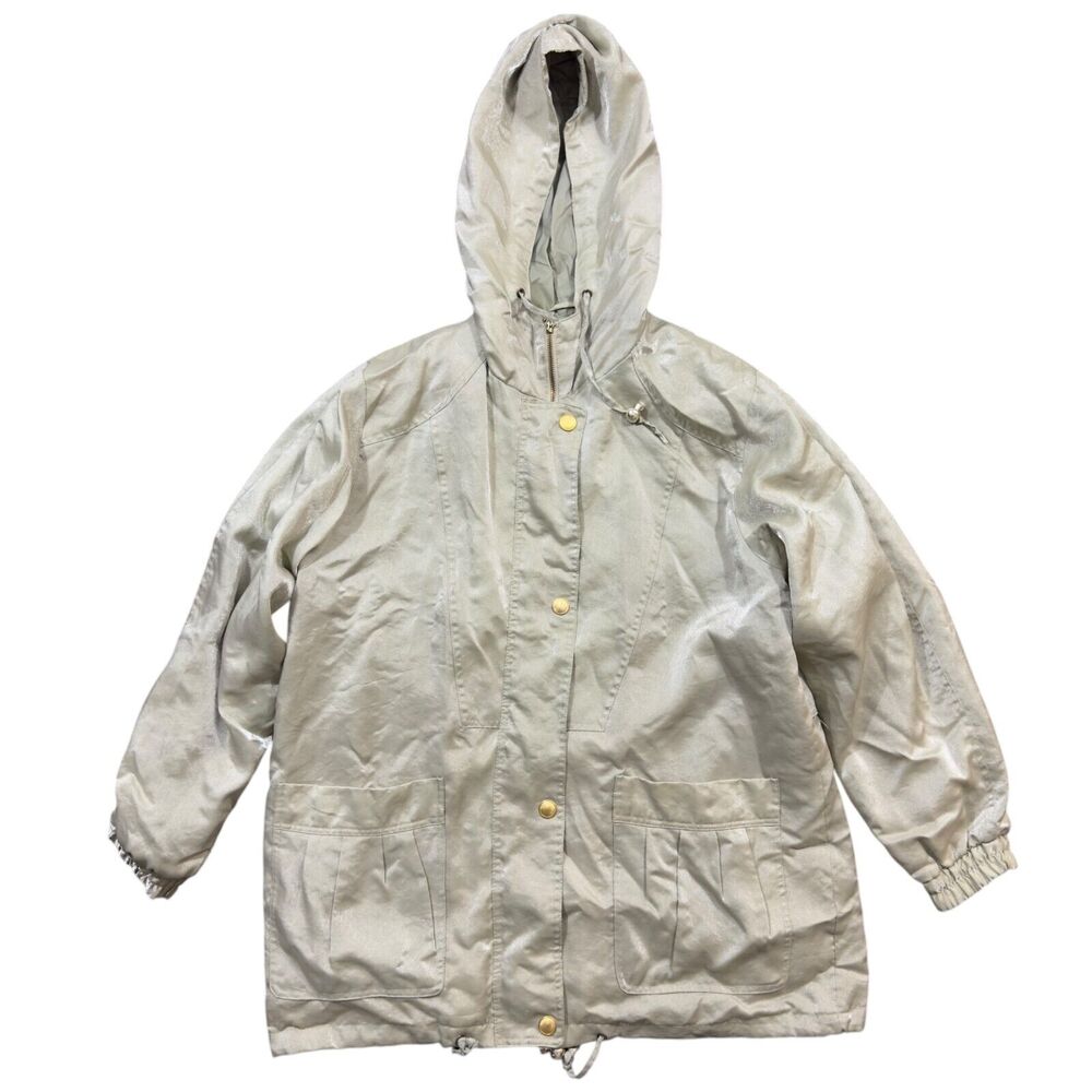 Best United Garment Co Jacket Womens Large Beige Metallic Hooded Snap Inside Zip